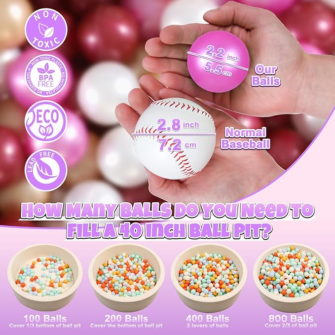 GOGOSO Ball Pit Balls for Toddler, Baby Plastic Playballs Kids Soft Pastel Pelotas Non-Toxic BPA-Free,Dark Pink+Gold+White+red,100 Balls