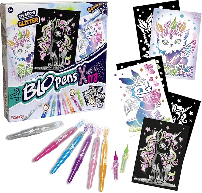 Lansay - BLOPENS X-TRA - Sparkling Creatures Set - Painting Set Made of Dandelion Felt with Reusable Stencils and Glitter Tubes - Gift Idea for Children from 6 Years - 6 Fantastic Drawings