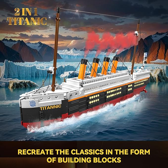 2 in 1 Titanic Building Set, Titanic Big Ship Model Building Kit with Lights Bricks and Glacier, Compatible with Lego for Adults Men, 1928 Pieces STEM Construction Toy for Teens 14+