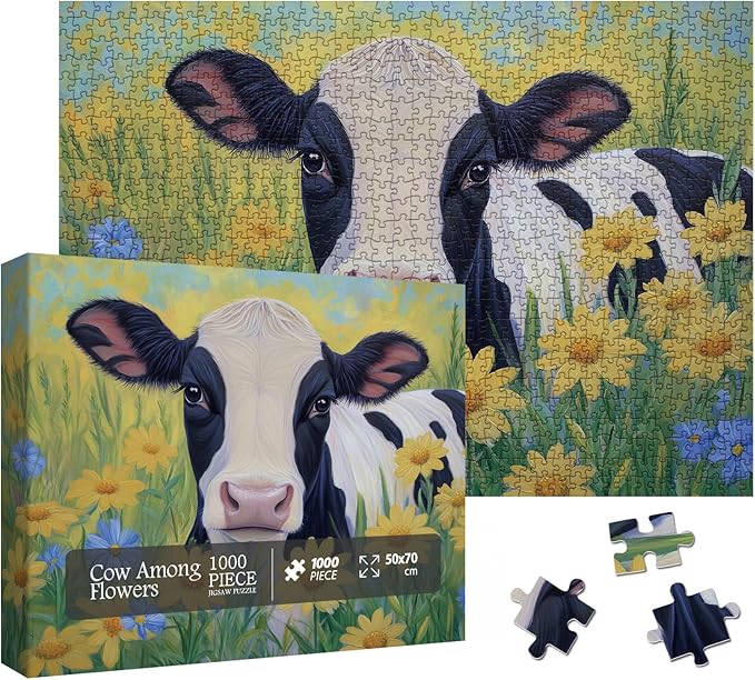 Sunflower Cow Painting Jigsaw Puzzle 1000 Piece for Adult, Animal Flower Plant Nature Jigsaw Puzzles, Funny Art Beautiful Landscape Puzzle