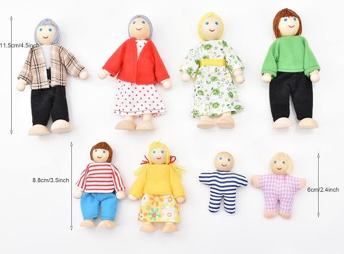 Jzszera Wooden Doll House People of 8 Miniature Figures and 2 Pets, Dollhouse Dolls Family Set- Dollhouse Accessories for Girls Toddler Kids Pretend Play and Imaginative Fun
