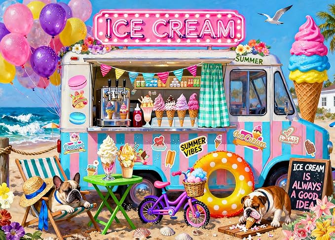 500 Piece Jigsaw Puzzle for Adults - Beach Ice Cream Truck with Cute Bulldogs Jigsaw Puzzles 500 Pieces Puzzles for Adults Finished Size 19.3“ x 13.7”