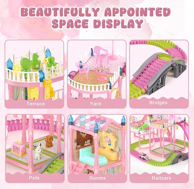 Doll House with Lights&Track Car Toy Set,Princess Dollhouse for Girls, 3 Dolls, Pets, Car, Furniture and Accessories, Design and Build Gift for 3 4 5 6 7 8+ Year Old Girls