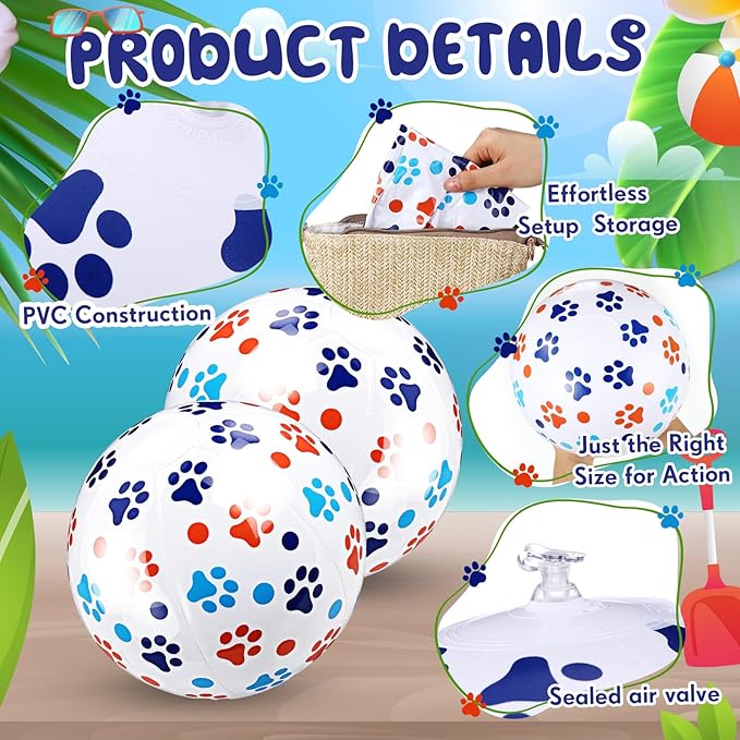 12 Pack Blue Dog Paw Beach Ball 8.5 in Inflatable Beach Balls Bulk for Kids & Adults Cartoon Swimming Pool Toys Pool Party Favors for Birthday Summer Outdoor