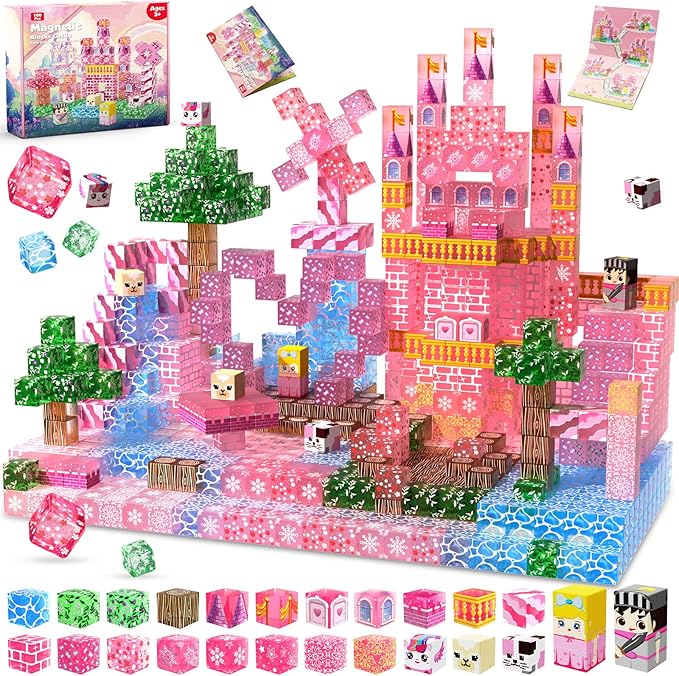 Magnetic Blocks - 100 PCS Transparent Magnetic Building Block for Kids, Pink Princess Castle Magnet Cubes Sets, Princess Toys for Girls Ages 3 4 5 6 7 8-12 Birthday Gifts, Easter Basket Stuffers