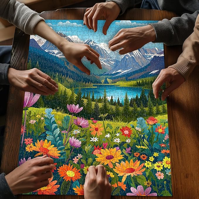 Landscape Puzzles for Adults 1000 Pieces, Flower Mountain Puzzle Art, Lake Scenic Jigsaw Puzzles for Adults