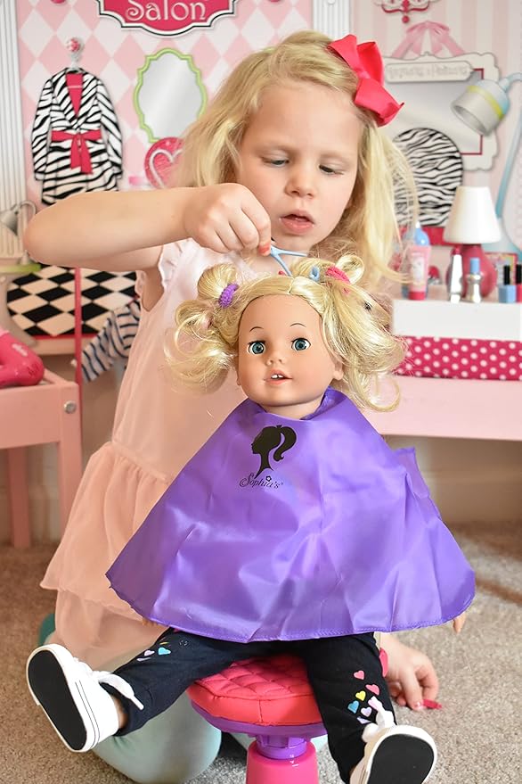 Sophia's Hair Salon Complete 30 Piece Set with Styling Tools, Hair Ties, Brush, Mirror, Blow Dryer, Salon Cape and More for 18" Dolls, Pink/Purple