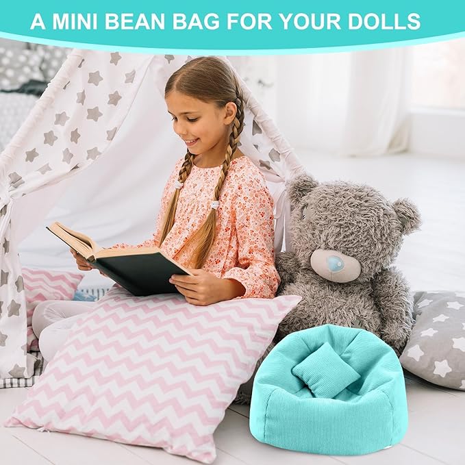 Doll Car Seat Compatible with Labubu, Handmade Bean Bag Chair for 5.9-6.7 inch Doll, Anti-Slip Bottom, Cute Doll Accessories for Display, Fans&Collectors Gifts, Durable Corduroy Fabric (Lake Green)
