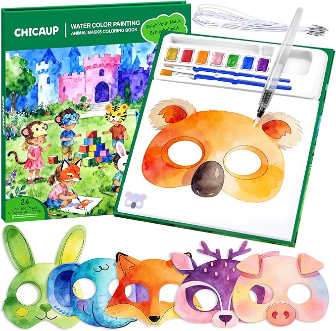Animal Masks Paint with Water Coloring Books for Kids, 24 Pcs Paper Mache Masks Half Face, Jungle Zoo Animals Cartoon Masks, Mess Free Watercolor Painting Kit Painting Activity for Kids Ages 3-5 4-8 for Birthday Party Halloween Gifts