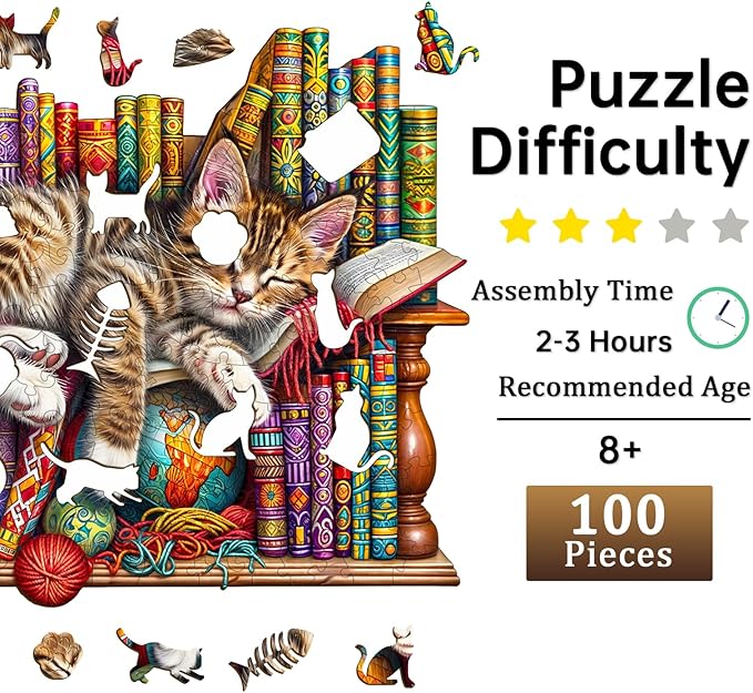 Jigfoxy Wooden Puzzles for Adults, Cat Wood Puzzle for Adults, Unique Animal-Shaped Wooden Jigsaw Puzzle, Christmas Thanksgiving Gifts for Puzzle Lovers, Family and Friends (S-8.5 * 6.9in-100pcs)