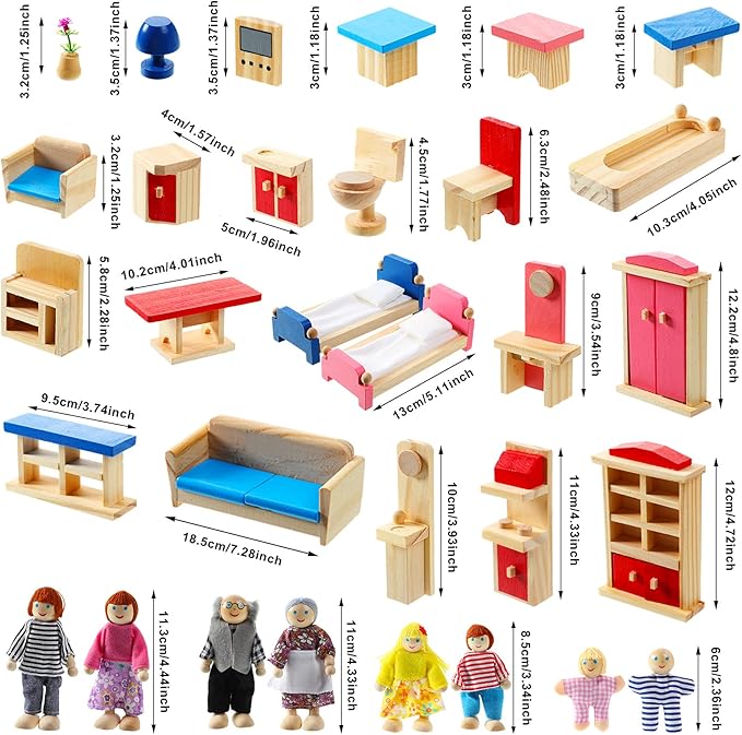 Sumind 35 Pcs Wooden Dollhouse Furniture with Family Figures Dolls for Diverse Imaginative Play Fits Most 1 12 Scale Miniature Dolls House with Kitchen Bedroom Bath Living Room Study Room