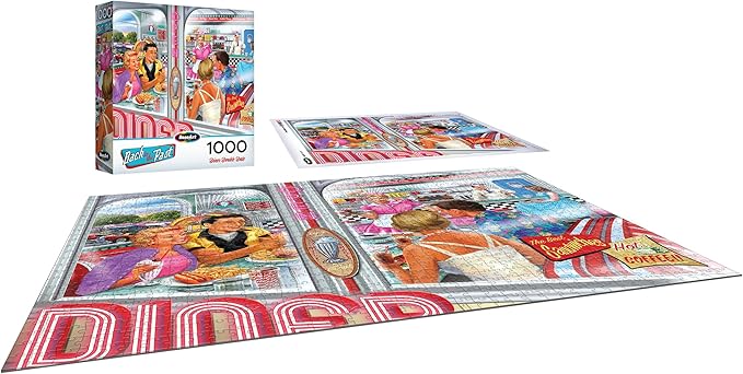 RoseArt - Back to the Past - Diner Double Date 1000 Piece Jigsaw Puzzle - Vintage Retro Diner Puzzle for Adults - Finished Size 26.625 x 19.25 Made in USA