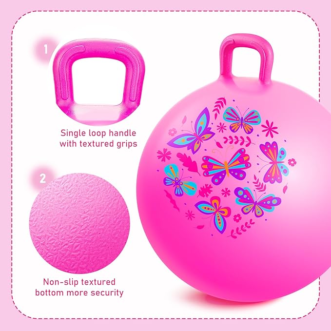 EVERICH TOY Hopper Ball, Pink Butterfly Hopping Toys for Kids, 20 Inch Bouncy Ball with Handle, Indoor Outdoor Inflatable Hippity Hop Toy for Girls Boys Gift with Free Pump