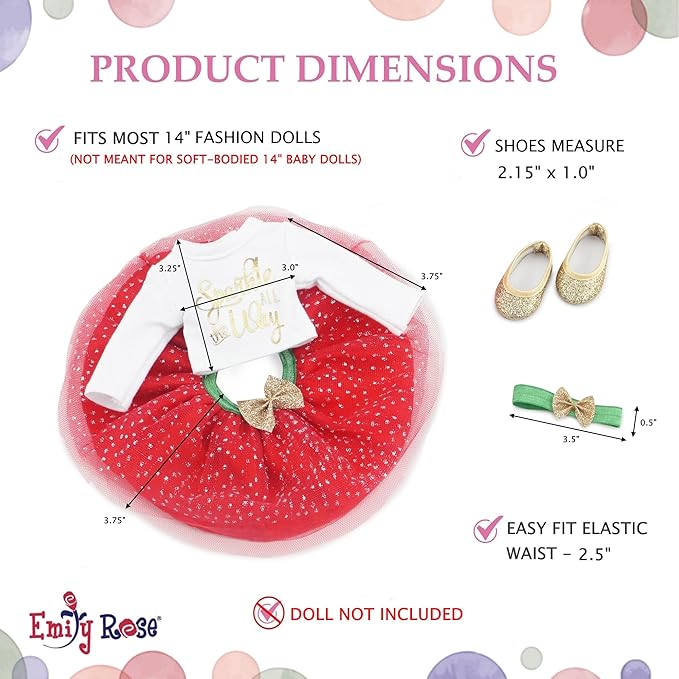 Emily Rose 14 Inch Doll Christmas Outfit 4-PC Holiday Set | Red Green Gold Sparkly Clothes | Compatible with Glitter Girls, Wellie Wishers, and Hearts for Hearts Dolls USA Brand
