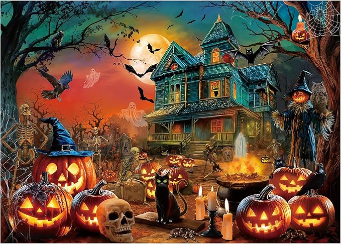 Rocorose Jigsaw Puzzle for Adults 1000 Pieces, Halloween Nightmare Puzzle Scary Ghost Jack - o - Lanterns Jigsaw Puzzles Haunted Mansion and Pumpkins