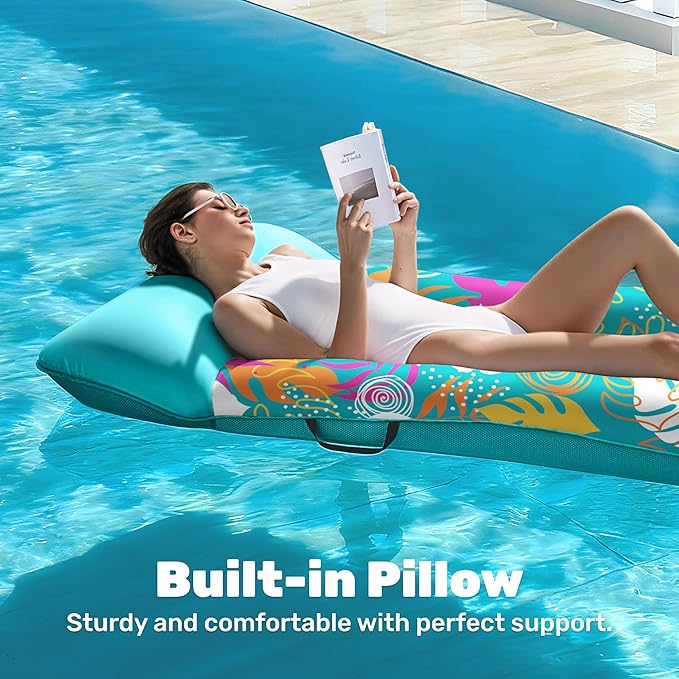 SLOOSH Inflatable Pool Floats Lounger - XL Fabric Covered Pool Mat Floaties for Adults, Ultra Comfort Water Floating Lounger with Headrest for Beach Lake Swimming Pool Float Raft 68"X34"