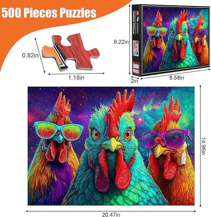 Funny Chicken Puzzles for Adults 500 Pieces - Abstract Chicken Jigsaw Puzzle, Colorful Roosters Puzzles with Letters on Back, Challenging Hard Difficult Animal Puzzles as Thanksgiving Home Decor