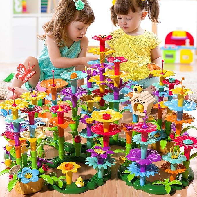 TEMI 138 PCS Flower Garden Building Toys for Girls Toys, Educational STEM Toy and Preschool Garden Play Set for Toddlers 3 4 5 6 7 8 Year Old Kids Boys Girls, Flower Stacking Toys for Kids Age 3-6