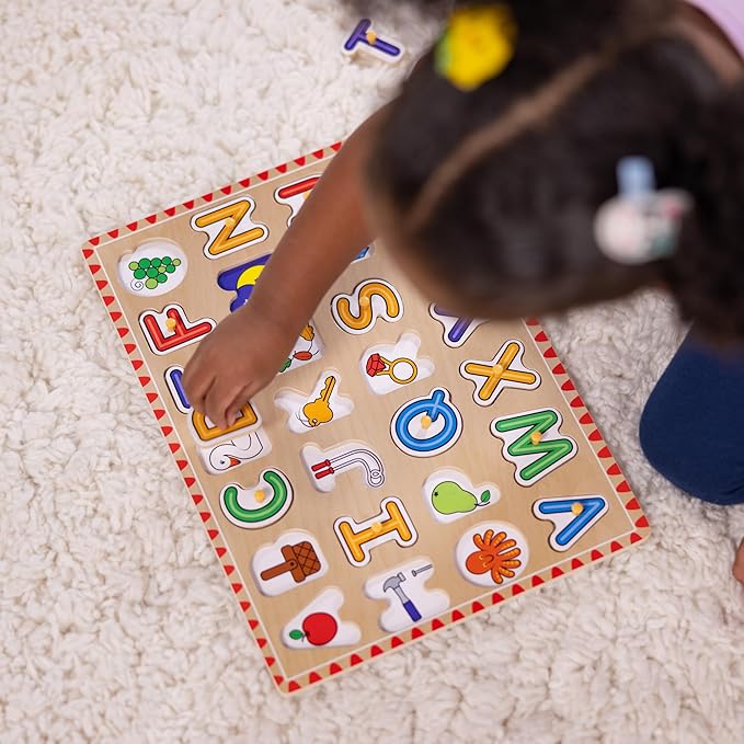 Melissa & Doug Lift & See Alphabet Wooden Peg Puzzle (26 pcs) Toddler and Preschool Puzzles for Ages 1+ - FSC-Certified Materials