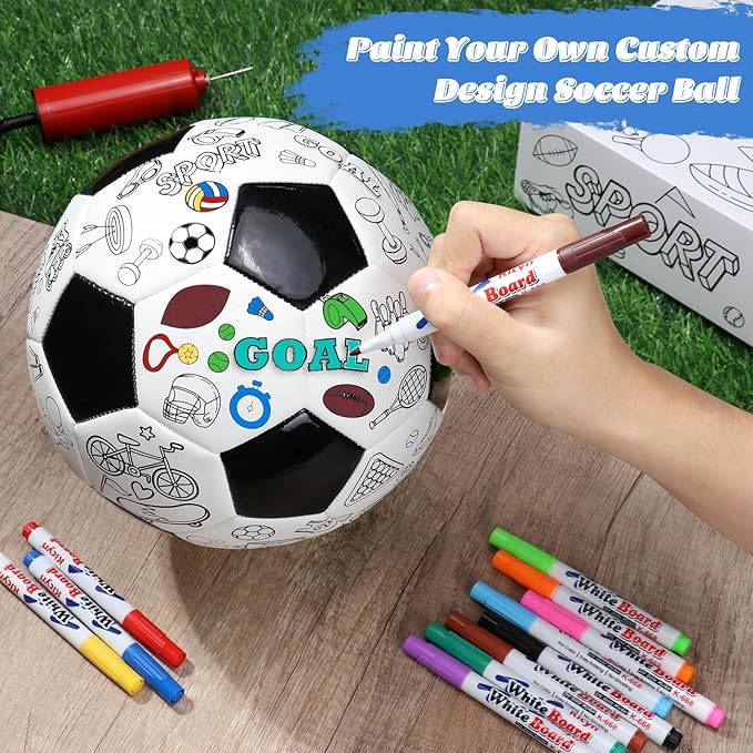 Size 5 Color Your Own Soccer Ball Black DIY Custom Craft Kit with Pump 12 Markers Personalized Youth Toddler Training Paint Your Own Toy Creative Gift for Kids (Black Soccer Ball, 5)