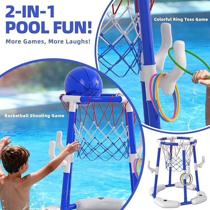 Pool Basketball Hoop for Kids 4-8 & 8-12 Years Old - 2-in-1 Floating & Above Ground Water Game with 4 Balls, 12 Rings & Pump, Outdoor Play Swimming Pool Toy for Adult Summer Party