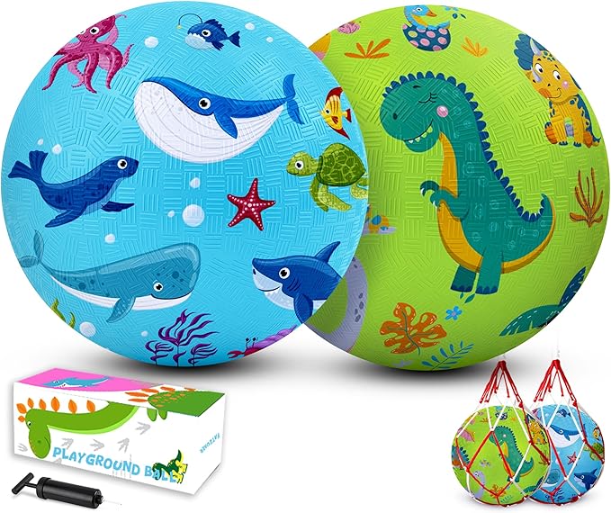 2 Pack Cartoon Kickball Set, 8.5 Inch Toddler Playground Balls, Bouncy Balls Ball for Kids Ages 3 and Up Gift, Dodgeballs Includes Pump and Storage Bag, Outdoor & Indoor Games Toy Balls for Toddlers