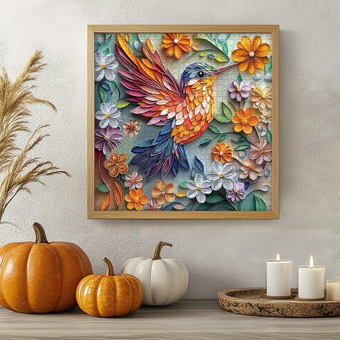 Hummingbird 1000 Piece Puzzle for Adults, PICKFORU Bird Flower Jigsaw Puzzle 1000 Pieces, Quilling Paper Cut Art Puzzles, Challenging Floral Garden Puzzle as Wall Decor