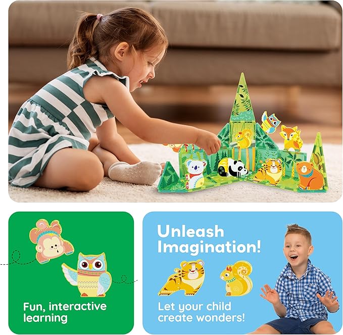 PicassoTiles Magnet Tile Building Blocks 8 Magnets Forest Animal Action Figures Compatible Magnetic Accessory Tiles Construction Toy Set STEM Educational Learning Toddler Girls Boys Ages 3+ PTA26