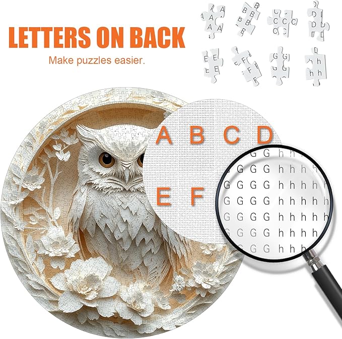 Owl Jigsaw Puzzles for Adults 1000 Pieces - Round Puzzle with 3D Stereo Visual Effect, Paper White Bird Animal Puzzles with Letters on Back, Challenging Hard Difficult Art Puzzle as Home Decor