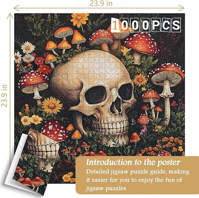 Vintage Mushroom 1000 Piece Puzzle for Adults, PICKFORU Horror Jigsaw Puzzles Skeleton Skull, Colorful Wildflower Puzzles for Adults, Terror Skull Puzzle as Mushroom Art