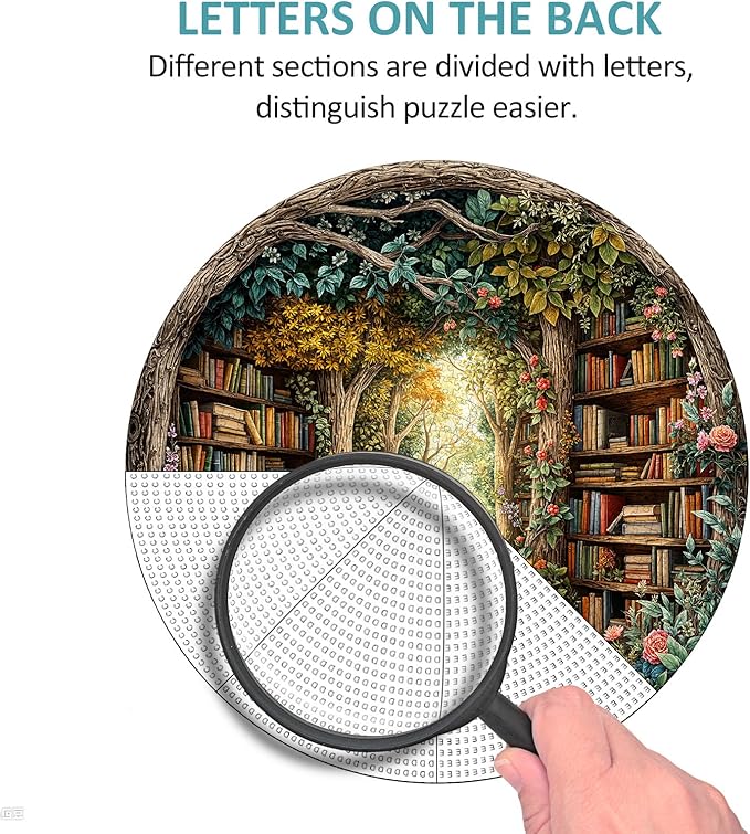 1000 Piece Round Jigsaw Puzzles for Adults, Forest Bookshelf Library, 26.5" Large Circular Puzzle with Letters on Back, Challenging Family Game & Wall Decor, Ideal Gift for Book Lover