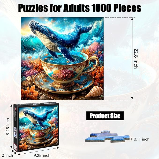 Whale in Teacup Puzzles for Adults 1000 Pieces, Ocean Theme Whale in Teacup Jigsaw Puzzle with Letters on Back, 22.8x22.8 Inch Wall Art, Relaxing Family Game, Easter