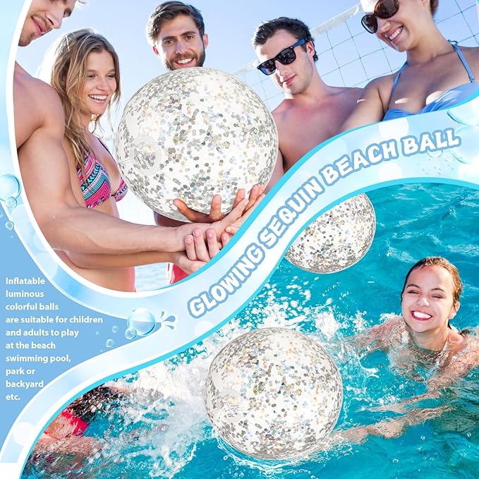 12 Pack 12 Inch Glow in The Dark LED Beach Ball Jumbo Confetti Glitters Inflatable Ball Swimming Pool Game for Party Pool Summer