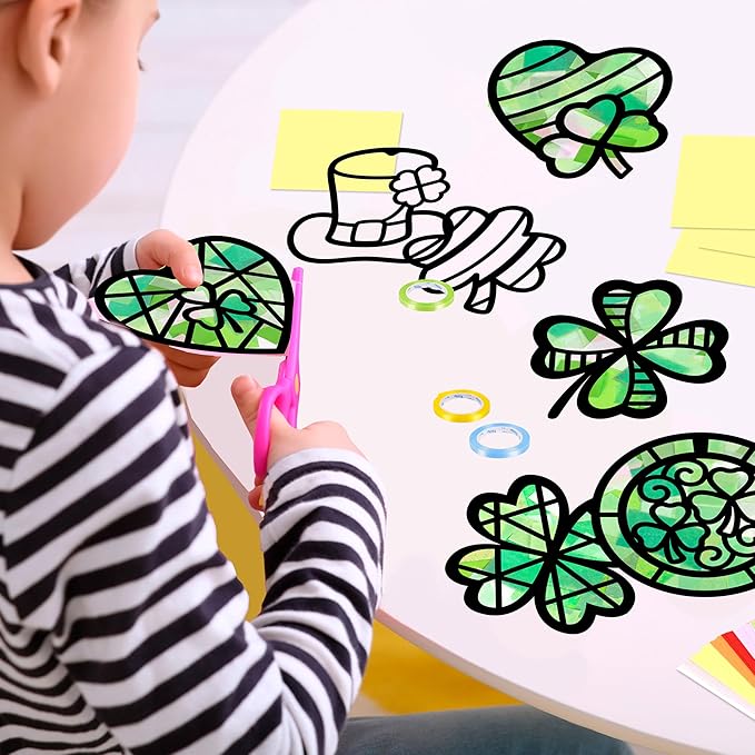 Renbuzhu 40PCS St. Patricks Day Crafts Bulk: Paper Shamrock Suncatchers, Saint Patrick's DIY Kits, Window Stained Glass Effect Art Supplies