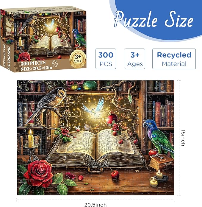 300 Pieces Puzzle for Adults, Magic Book Puzzle Recycled Cardboard, Bird and Rose Jigsaw Puzzles 300 Pieces, Challenging Game Home Decor Birthday Party Gift Toy for Adults Kids Seniors 20.5 * 15 inch