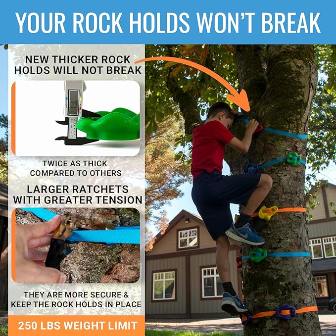 Hyponix Ninja Tree Climbing Kit – 16 Large Rock Holds & 8 Ratchets, 10-Minute Setup, Thicker Textured Grips, Supports 250lbs, CPC Certified Safety, Portable Bag – Backyard Fun & Ideal Gift for Kids