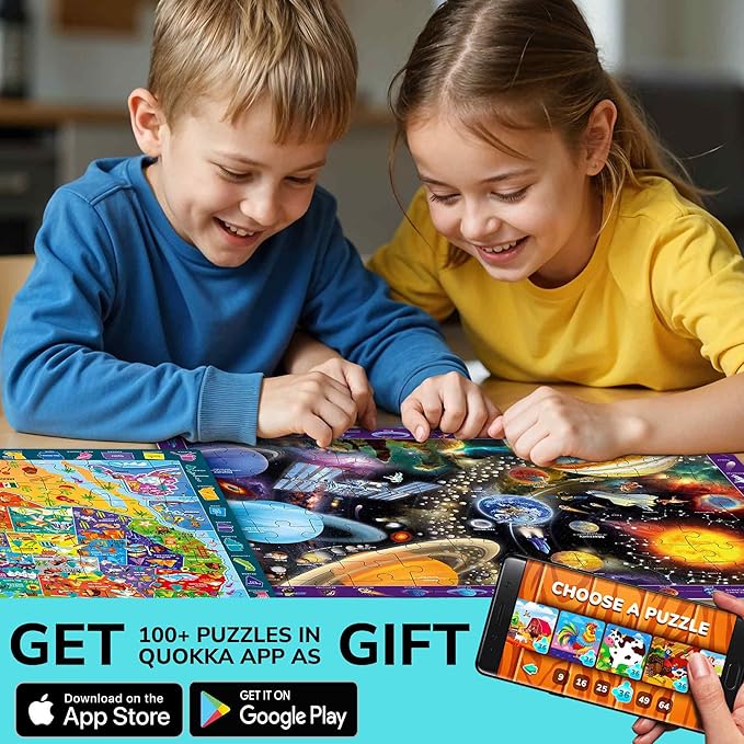 QUOKKA 100 Piece Puzzles for Kids Ages 4-6 - 3 Jigsaw Kids Puzzles Ages 6-8 - Learning Map of the United States World Space - Toddler Educational Games for 5-8 Year - Toys for 8-10-12 Year Old