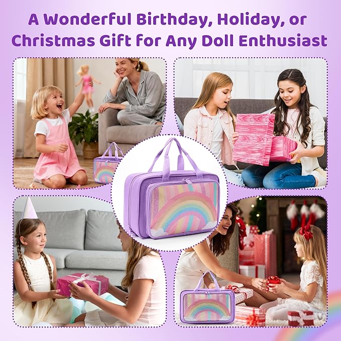 Carrying Case Compatible with Barbie Dolls 12-Inch, Storage Organizer Holder with Handle for up to 6 Dolls, Multiple Pockets for Clothes & Accessories,Travel Portable Storage Bag,Purple