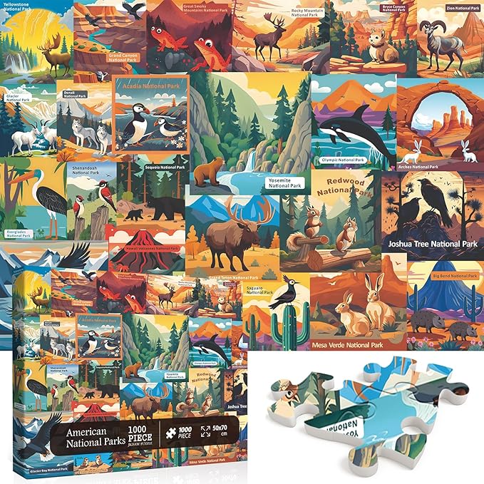 American National Parks Puzzle for Adults 1000 Pieces, PICKFORU Travel Poster Landscape Puzzle Scenery of Zion Yellowstone Yosemite with Animals, Scenic Jigsaw Puzzles for Adults Mountain Scene