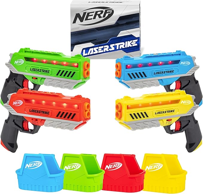 NERF Laser Strike 4 Player Laser Tag Game Pack Complete with 4 300ft Range Blasters & 4 Holsters - Indoor or Outdoor Play Arcade Games, Toys for Kids & Family