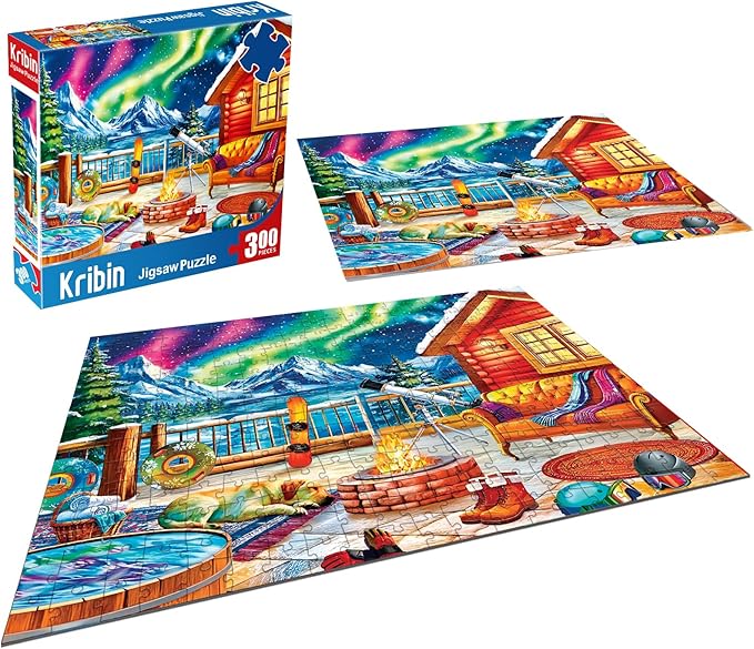 300 Piece Puzzles for Adults Large Piece - Jigsaw Puzzle for Kids Seniors - Northern Lights Lounge Cabin