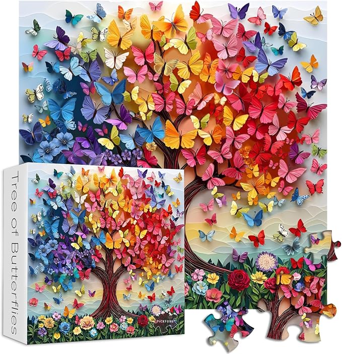 PICKFORU Colorful Butterfly Puzzles for Adults 1000 Pieces, Tree of Life Jigsaw Puzzle Rainbow Floral, Unique Spring Flower Art Theme as Home Decor