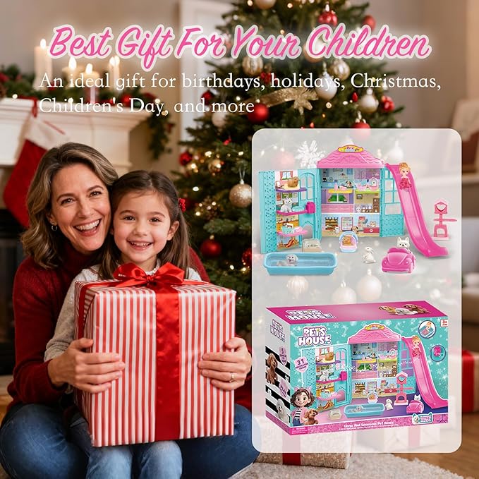 Doll Pets House, Doll Playset with Cats, Furniture, Pet Bowl, Cat Litter Box, Pool Accessories, DIY Pretend Toys for 3 4 5 6 7 8 9 10 Year Old Kids