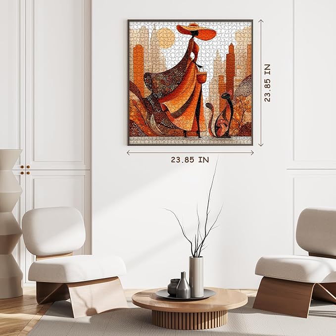 Impossible Puzzle for Adults 1000 Pieces, PICKFORU Orange Time Jigsaw Puzzle Beauty Women Aesthetic Art, Cat Elegant Lady Challenge Puzzle