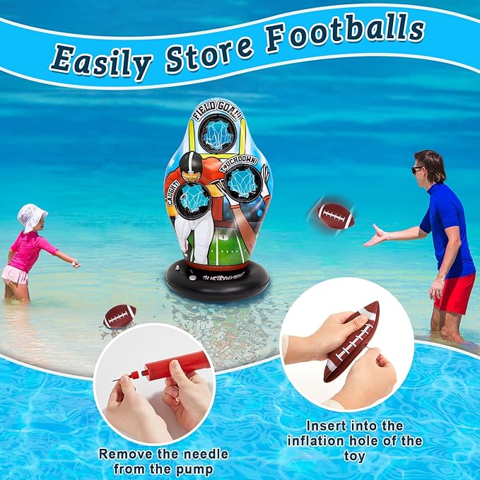 Inflatable Pool Toss Games, Football Target Toss Game with Mini Footballs for Kids Throwing Training Games for Yard Outdoor Indoor Beach Family Party Birthday Gift