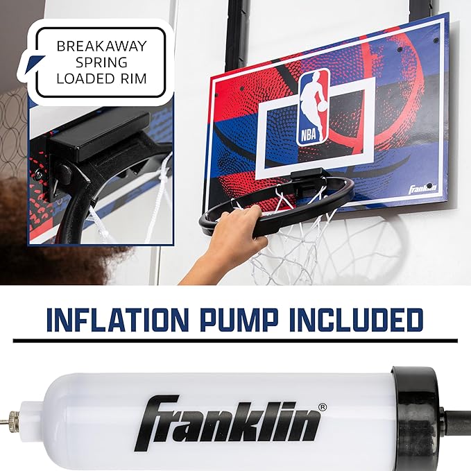 Franklin Sports NBA Grow-with-Me Kids Mini Basketball Hoop Set - Over the Door Indoor Hoop for Kids - Includes (1) Adjustable Height Basket, (1) Mini Youth Basketball + Air Pump - Ages 3+