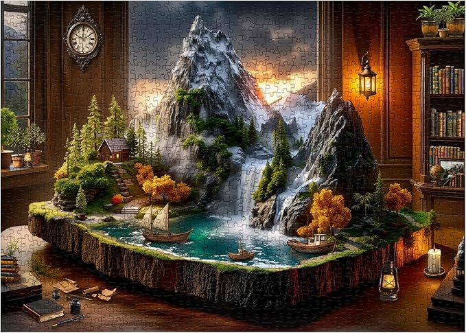 Cabin Mountain Landscape Puzzles for Adults 1000 Pieces, 3D Nature Lake Scenic Jigsaw Puzzle, Fantasy Waterfall Boat Puzzle