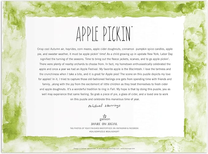 Galison Michael Storrings Apple Pickin' 1000 Piece Puzzle from Galison - 27" x 20" Beautifully Illustrated Puzzle, Thick & Sturdy Pieces, Perfect Activity for Chilly Fall Weather!