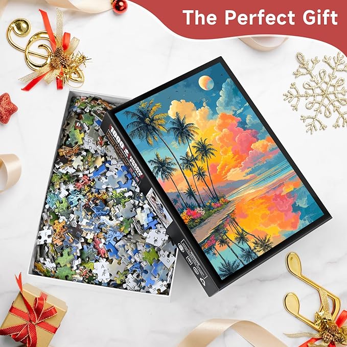 Tropical Sunset Beach 1000 Piece Puzzle for Adults - Macaron Color Palette Art, Mirror Lake Palm Tree Scene, Poster & Lettered Back, 20"x28" HD, Gift for Travel & Art Lovers