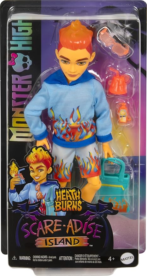 Monster High Scare-adise Island Heath Burns Doll with Flame Hoodie, Swim Trunks & Beach Accessories Like Sunglasses